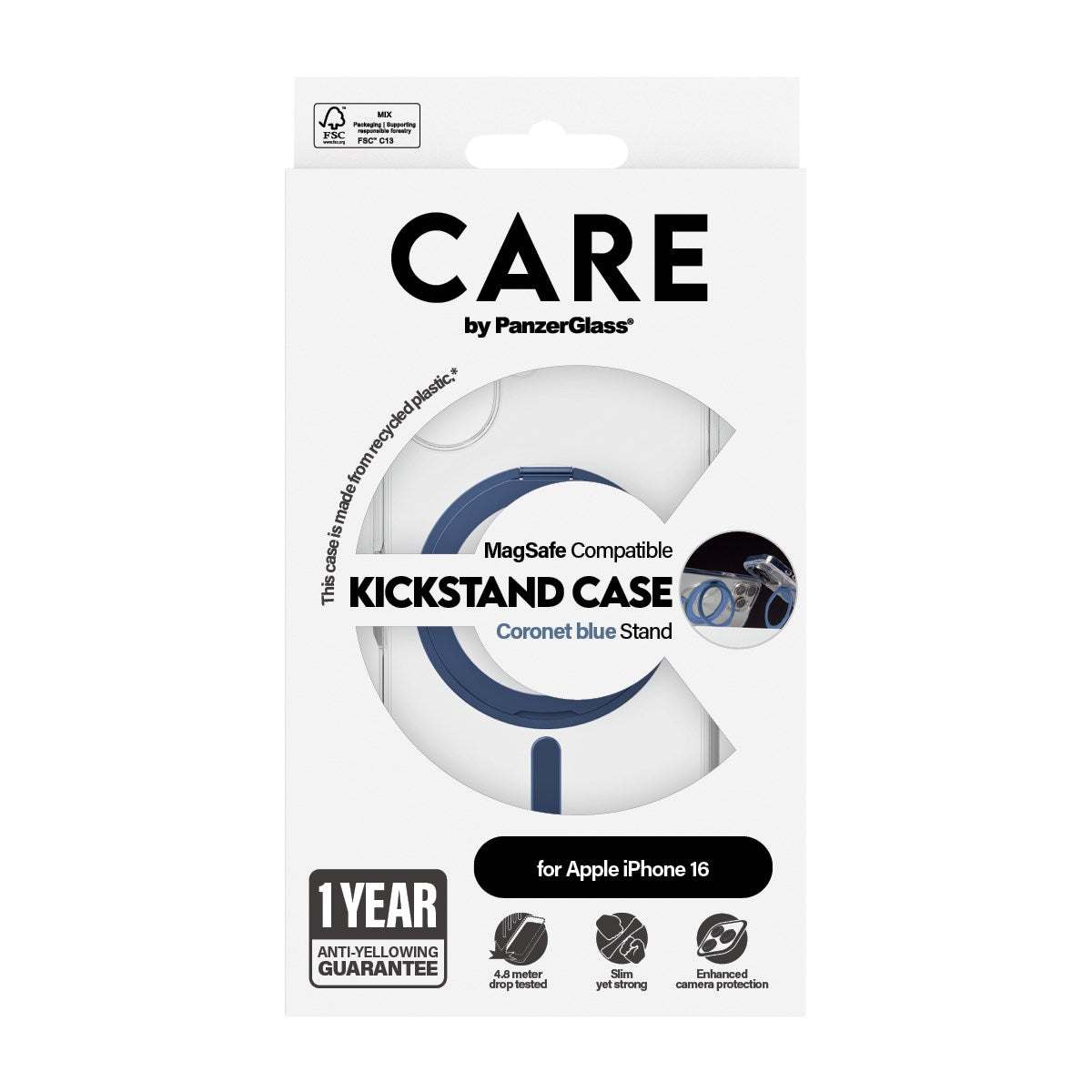 CARE by PanzerGlass® Feature Case Transparent m. Blau Kickstand & MagSafe iPhone 16